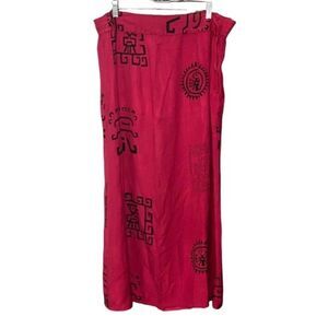 Vintage Burgundy Red Boho Tribal Print Button Maxi Skirt sz L